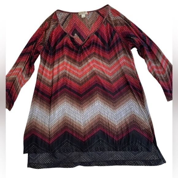 One World Women's Bohoemian Multi Color V Neck Long Sleeve Top Size Large - Picture 4 of 6